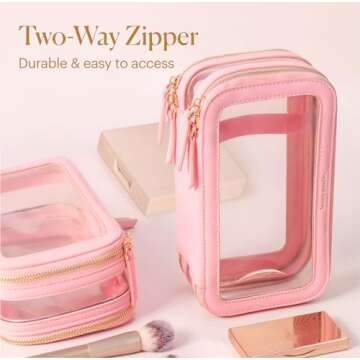 Pink Clear Makeup Bag for Women with Zipper Case Organizer, Transparent Clear Cosmetic Bags for Women, See Through Clear Make Up Bag for Women, Clear Travel Makeup Bag, Small Make Up Bag for Traveling
