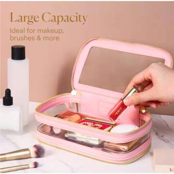 Pink Clear Makeup Bag for Women with Zipper Case Organizer, Transparent Clear Cosmetic Bags for Women, See Through Clear Make Up Bag for Women, Clear Travel Makeup Bag, Small Make Up Bag for Traveling