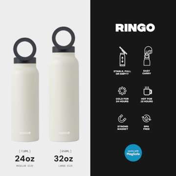 Ringo Insulated Water Bottle | Compatible MagSafe Water Bottle With Phone Holder | Stainless Steel Water Bottle With Magnetic Phone Tripod Mount | Hot for 12H, Cold for 24H, 360° Rotate - Ivory 24oz