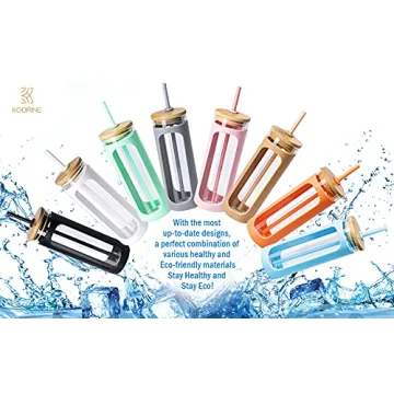 Kodrine 20oz Glass Water Tumble with Straw and Lid,Bamboo Lids Water Bottle, Iced Coffee Cup Reusable, Wide Mouth Smoothie Cups, Straw Silicone Protective Sleeve BPA FREE-Amber