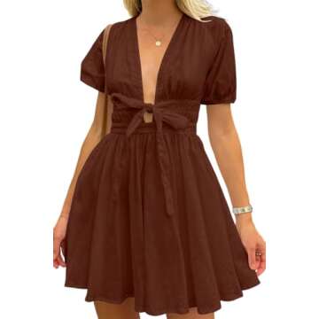 MASKAZU Women's Cute Summer Tie Beach Short Puff Sleeve Cotton Mini Dress Coffee S
