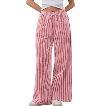 MISSACTIVER Women Drawstring Striped Pants Loose Wide Leg Trousers Comfy Low Waist Pants Casual Loun...