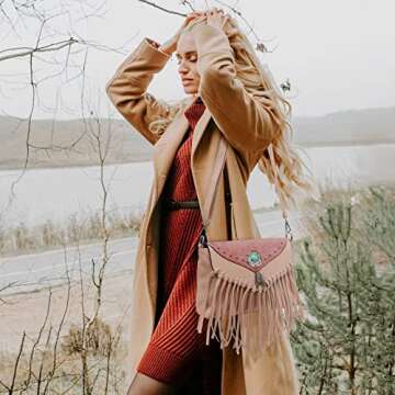 LAVAWA Small Crossbody Bags for Women Crossbody Handbag Fringe Purse Tassel Shoulder Bag Turquoise Concho Wallet