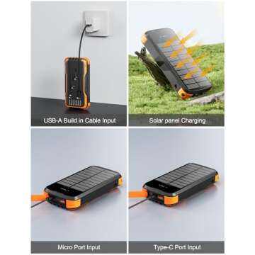 Solar-Power-Bank-Charger, 40000mAh Portable Phone Charger Built in 4 Cables with USB C in/Output, 5V3.1A QC 3.0 Fast Charging External Batter, External Battery Pack with Dual Bright Flashlights