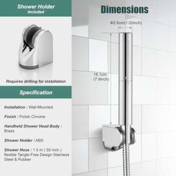 Heyalan Brass 2 in1 Function Handheld Spray Hand Shower High Pressure Handheld Sprinklert Shower Wand with Shower Hose and ABS Hand Shower Holder, Polished Chrome