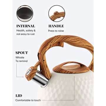 Tea Kettle, 2.7 Quart / 3 Liter BELANKO Stainless Steel Kettles for Stove Top, Food Grade Teapot with Wood Pattern Handle Loud Whistling for Coffee, Milk etc, Gas Electric Applicable - Milk White