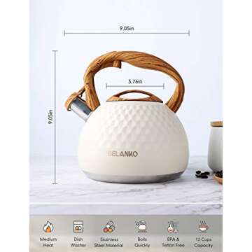 Tea Kettle, 2.7 Quart / 3 Liter BELANKO Stainless Steel Kettles for Stove Top, Food Grade Teapot with Wood Pattern Handle Loud Whistling for Coffee, Milk etc, Gas Electric Applicable - Milk White