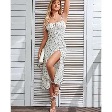 Floral Midi Corset Dress Boho Flowy Slit Lace Up Dresses for Women Going Out A Line Casual Sundress