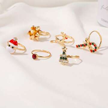 Fuqimanman2020 6Pcs Christmas Statement Ring Set Christmas Tree Santa Claus Crutches Elk Reindeer Bow Festive Crystal Snowflake for Women Xmas Party Holiday Jewelry