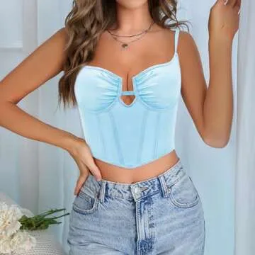 Mocure Women's Satin Bustier Corset Sexy Deep V Neck Fish Boned Spaghetti Strap Party Crop Top Rave Outfits - S