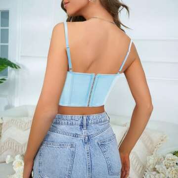 Mocure Women's Satin Bustier Corset Sexy Deep V Neck Fish Boned Spaghetti Strap Party Crop Top Rave Outfits - S