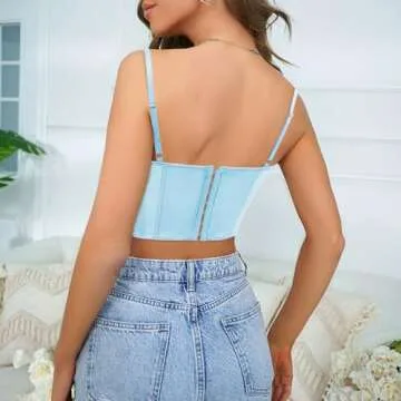 Mocure Women's Satin Bustier Corset Sexy Deep V Neck Fish Boned Spaghetti Strap Party Crop Top Rave Outfits - S