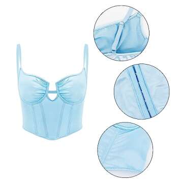 Mocure Women's Satin Bustier Corset Sexy Deep V Neck Fish Boned Spaghetti Strap Party Crop Top Rave Outfits - S