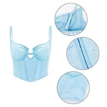 Mocure Women's Satin Bustier Corset Sexy Deep V Neck Fish Boned Spaghetti Strap Party Crop Top Rave Outfits - S