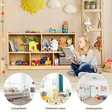 Costzon 2-Shelf Bookcase for Kids, Wooden Toy Storage Organizer for Books Toys, 5-Section Freestanding Classroom Daycare Shelf for Home Playroom, Hallway & Kindergarten (Burlywood)