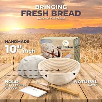 10 Inch Bread Banneton Proofing Basket,Rising Dough Baking Bowl,Proving Baskets for Sourdough Bread Making Starter Kit with Bread Lame, Dough Scraper & Cloth Liner Easy to Clean Natural Rattan Basket
