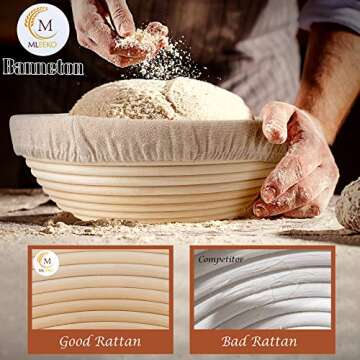 10 Inch Bread Banneton Proofing Basket,Rising Dough Baking Bowl,Proving Baskets for Sourdough Bread Making Starter Kit with Bread Lame, Dough Scraper & Cloth Liner Easy to Clean Natural Rattan Basket