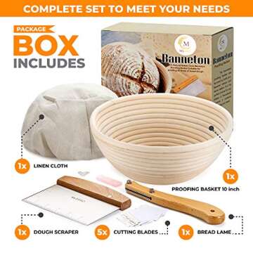 10 Inch Bread Banneton Proofing Basket,Rising Dough Baking Bowl,Proving Baskets for Sourdough Bread Making Starter Kit with Bread Lame, Dough Scraper & Cloth Liner Easy to Clean Natural Rattan Basket