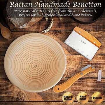 10 Inch Bread Banneton Proofing Basket,Rising Dough Baking Bowl,Proving Baskets for Sourdough Bread Making Starter Kit with Bread Lame, Dough Scraper & Cloth Liner Easy to Clean Natural Rattan Basket
