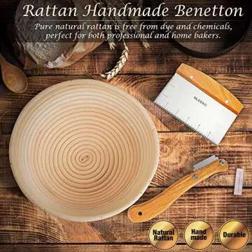 10 Inch Bread Banneton Proofing Basket,Rising Dough Baking Bowl,Proving Baskets for Sourdough Bread Making Starter Kit with Bread Lame, Dough Scraper & Cloth Liner Easy to Clean Natural Rattan Basket