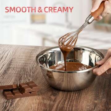 Stainless Steel Wire Whisk for Cooking- Wooden Handle Kitchen Multi Function Non Stick Balloon Whisk Egg Beater for Blending Whisking Beating Frothing Stirring Batters (9"L x 1.8"W)