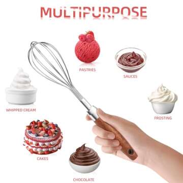 Stainless Steel Wire Whisk for Cooking- Wooden Handle Kitchen Multi Function Non Stick Balloon Whisk Egg Beater for Blending Whisking Beating Frothing Stirring Batters (9"L x 1.8"W)