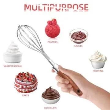 Stainless Steel Wire Whisk for Cooking- Wooden Handle Kitchen Multi Function Non Stick Balloon Whisk Egg Beater for Blending Whisking Beating Frothing Stirring Batters (9"L x 1.8"W)
