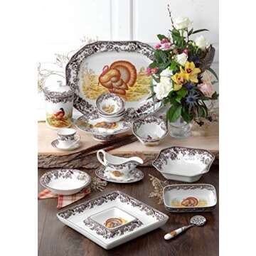 Spode Woodland Turkey Cranberry Dish with Slotted Spoon (8" x 4.25") - Fine Porcelain Thanksgiving Serving Dish, Classic Turkey Motif, Microwave & Dishwasher Safe, Ideal for Fall Entertaining