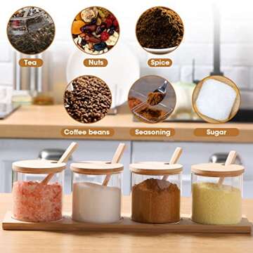 Zubebe 8 Pcs 10 oz Clear Glass Seasoning Jar with Wooden Lid and Spoon Adorable Sugar Condiment Jar Canisters Pot Set Bath Salt Storage Jar Sugar Container Box for Home Cafe Kitchen