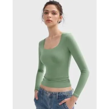 PUMIEY Women's Long Sleeve T Shirts Scoop Neck Slim Fit Going Out Tops Double Lined Basic Tee, Fern X-Small