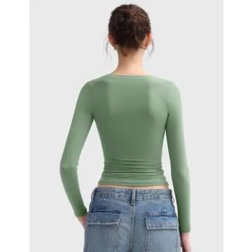 PUMIEY Women's Long Sleeve T Shirts Scoop Neck Slim Fit Going Out Tops Double Lined Basic Tee, Fern X-Small