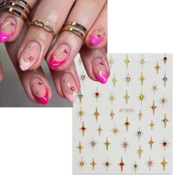 6 Sheets Shiny Star Nail Stickers for Nail Art 3D Glitter Gold Silver Star Luxury Rhinestones Nail D...