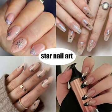 6 Sheets Shiny Star Nail Stickers for Nail Art 3D Glitter Gold Silver Star Luxury Rhinestones Nail Design Stickers Black White Starlight Nail Decals Star Stickers Nail Supplies for DIY French Manicure