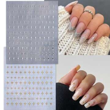 6 Sheets Shiny Star Nail Stickers for Nail Art 3D Glitter Gold Silver Star Luxury Rhinestones Nail Design Stickers Black White Starlight Nail Decals Star Stickers Nail Supplies for DIY French Manicure