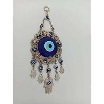 Erbulus Turkish Glass Flower Design Blue Evil Eye Wall Hanging Ornament - Metal Home Decor - Turkish Amulet - Protection and Good Luck Charm Gift in a Box