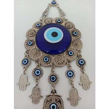 Erbulus Turkish Glass Flower Design Blue Evil Eye Wall Hanging Ornament - Metal Home Decor - Turkish Amulet - Protection and Good Luck Charm Gift in a Box