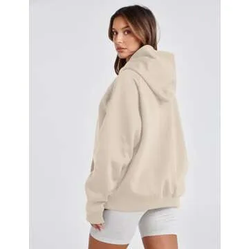 Lauweion Women Solid Basic Fleece Letter Loose Hoodie Sweatshirt Long Sleeve Kangaroo Pocket Drop Shoulder Pullovers Top Apricot