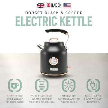 Haden Dorset 1.7 Liter Stainless Steel Electric Kettle, Hot Water Kettle with 360-Degree Base and Au...