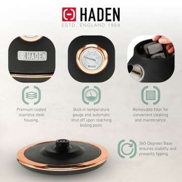 Haden Dorset 1.7 Liter Stainless Steel Electric Kettle, Hot Water Kettle with 360-Degree Base and Auto Shutoff, Black & Copper