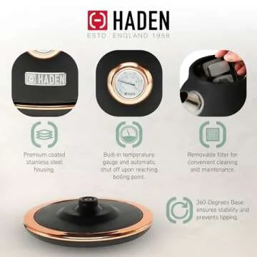 Haden Dorset 1.7 Liter Stainless Steel Electric Kettle, Hot Water Kettle with 360-Degree Base and Auto Shutoff, Black & Copper