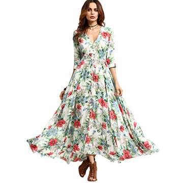 Milumia Women's Button Up Split Floral Print Flowy Party Maxi Dress X-Large White_Green
