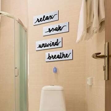 Jetec 4 Pcs Bathroom Wall Art Farmhouse Wall Decors Relax Soak Unwind Breathe Rustic Bathroom Wooden Signs Funny Vintage Wooden Decor for Laundry Room(White)