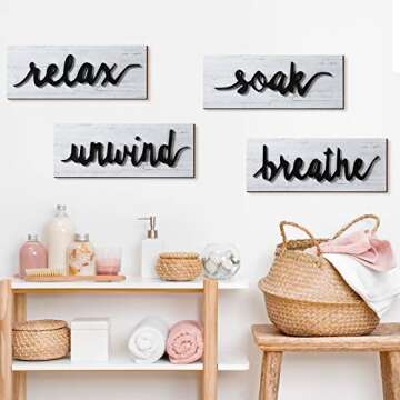 Jetec 4 Pcs Bathroom Wall Art Farmhouse Wall Decors Relax Soak Unwind Breathe Rustic Bathroom Wooden Signs Funny Vintage Wooden Decor for Laundry Room(White)