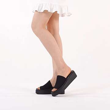 Athlefit Women's Slip On Platform Sandals Comfortable Open Toe Flatform Chunky Black Sandals Size 6.5