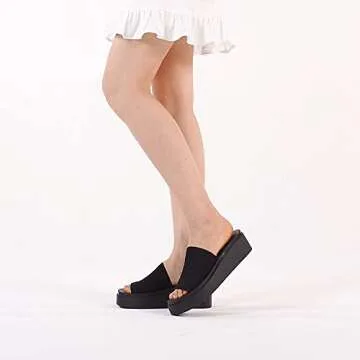 Athlefit Women's Slip On Platform Sandals Comfortable Open Toe Flatform Chunky Black Sandals Size 6.5