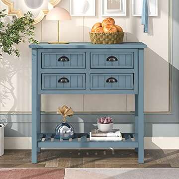 Merax LUMISOL Console Table with 4 Drawers, Slim Small Entryway Sofa Table with Bottom Shelf, Easy Assembly (Navy-Lengthen)