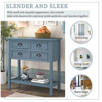 Merax LUMISOL Console Table with 4 Drawers, Slim Small Entryway Sofa Table with Bottom Shelf, Easy Assembly (Navy-Lengthen)