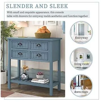 Merax LUMISOL Console Table with 4 Drawers, Slim Small Entryway Sofa Table with Bottom Shelf, Easy Assembly (Navy-Lengthen)