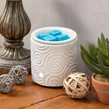 White Swirl Ceramic Candle Warmer Electric with Safety Timer | Automatic Plug in Fragrance Warmer for Scented Wax Melts, Cubes, Tarts | Air Freshener Set for Home Décor, Office, and Gifts