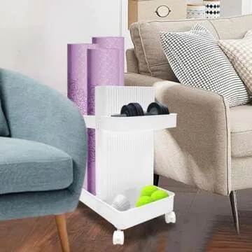 JAYGOVAN Yoga Mat Storage Rack Home Gym Equipment Workout Equipment Organizer Yoga Mat Holder for Dumbbell,Kettlebell,Foam Roller Women Men Fitness Exercise Equipment Organization with Wheels (White)